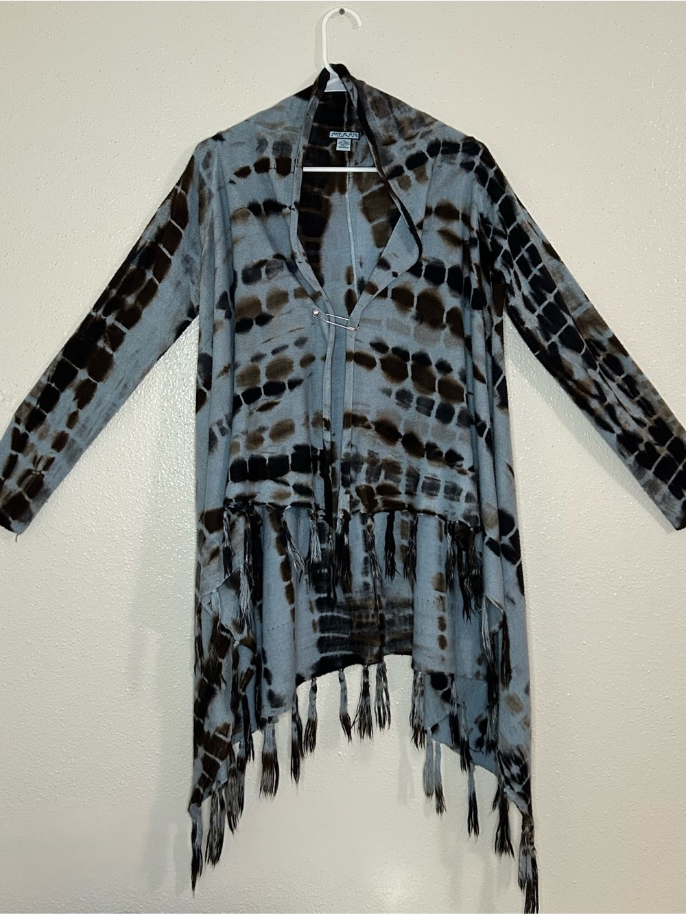 Akualani Blue & Black Tie-Dye Fringe Open Cardigan
